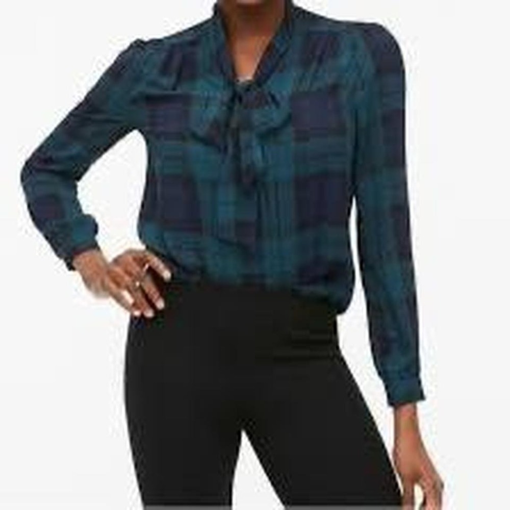 J.Crew blue & green plaid blouse with tie neck Size S
